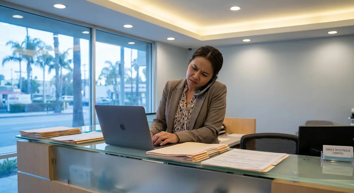 High-end editorial photography, a focused and slightly stressed Thai female clinic manager standing at the modern reception desk of a boutique dental clinic, typing on a computer while cross-referencing physical patient charts. Bright Clinic Lighting mixed with cool morning natural light from the window. Authentic local SME business operations, avoiding generic call center looks.