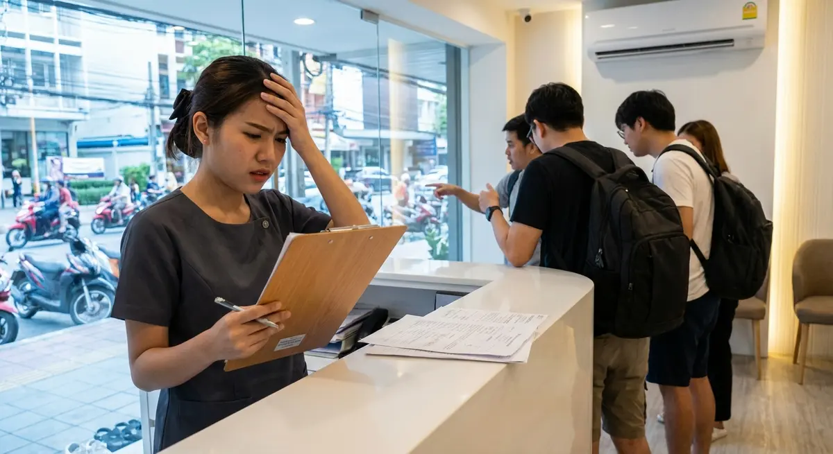 High-end editorial photography. A young Thai female receptionist standing behind the front desk of a modern boutique dental clinic in Bangkok, holding a physical clipboard. She looks slightly stressed and overwhelmed as she tries to manage manual patient tracking during a customer rush. Bright clinic lighting, cool white morning natural light reflecting off a clean white counter. Ground-floor SME setting, no skyscrapers or generic stock call centers. Capturing authentic human emotion and the friction of manual business operations.