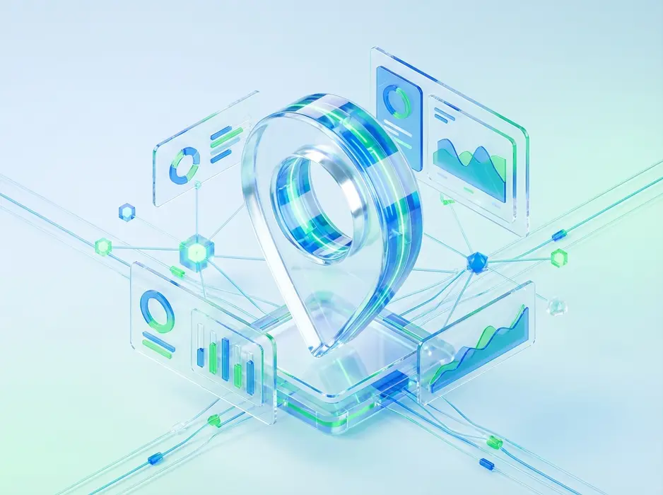 Premium 3D glass art, isometric view. Abstract visualization of local search algorithms and AI data processing. A glowing digital location pin surrounded by floating UI panels, translucent data nodes, and interconnected network lines representing software integrations. Rendered in brand colors of crisp white, electric blue, and vibrant green. Bright clinic lighting, clean gradient background, high-end technical aesthetic, no text.