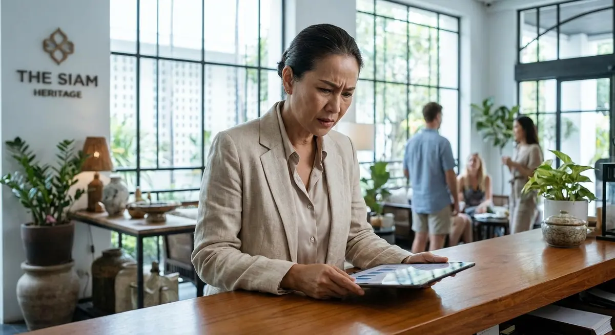 High-end editorial photography. A female Thai boutique hotel manager standing behind a stylish ground-floor reception desk, looking stressed and intensely focused as she reviews data on a digital tablet. Cool white, morning natural light streams through front windows, illuminating the modern SME business environment. Authentic, empathetic human experience of running a business. No skyscrapers, no corporate boardrooms, no generic call centers. Cinematic depth of field.