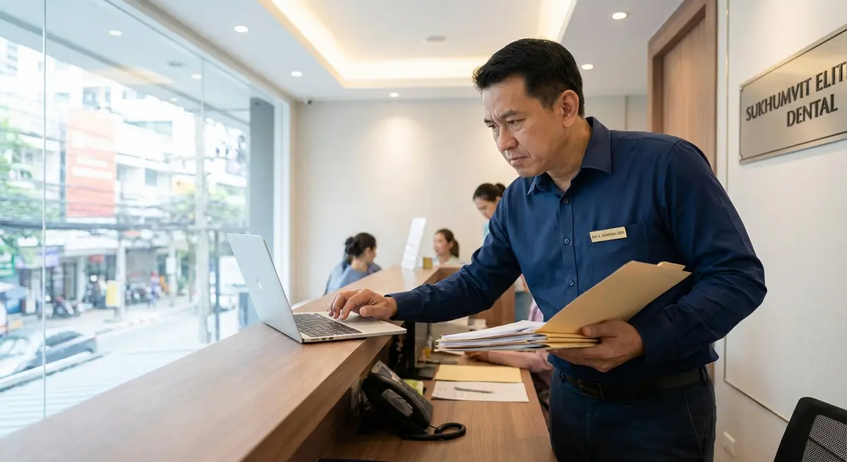 High-end editorial photography, a Thai male dentist standing at the modern reception desk of a high-end Sukhumvit dental clinic, looking busy and focused as he types on a laptop while holding patient files. Cool Morning Natural Light streaming through a window, Bright Clinic Lighting, realistic local SME context conveying the demanding human experience of managing daily operations.