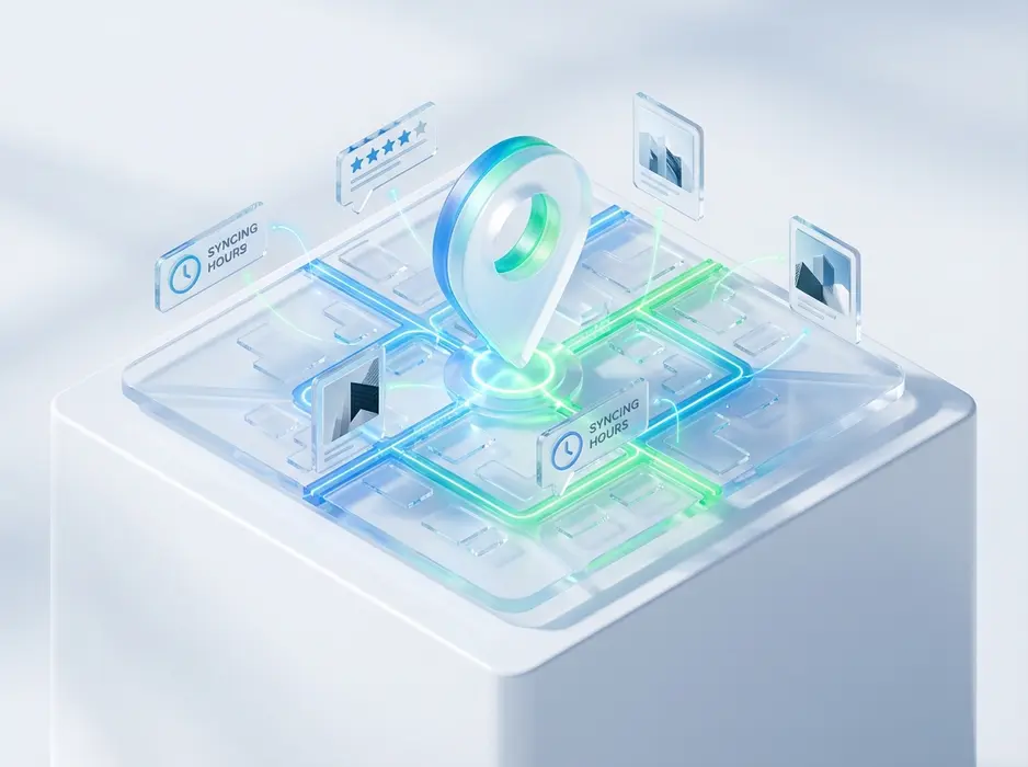 Premium 3D glass rendering, isometric view. Visualizing local SEO and Google Maps optimization algorithms. A glowing digital map of a neighborhood with a large, glowing central location pin, surrounded by floating UI data elements like 5-star review bubbles, syncing business hours, and photo thumbnails connecting perfectly. Brand colors: Clean White, Tech Blue, and Vibrant Green. Bright clinic-style lighting, high-end abstract digital art, soft shadows, pristine corporate tech aesthetic.